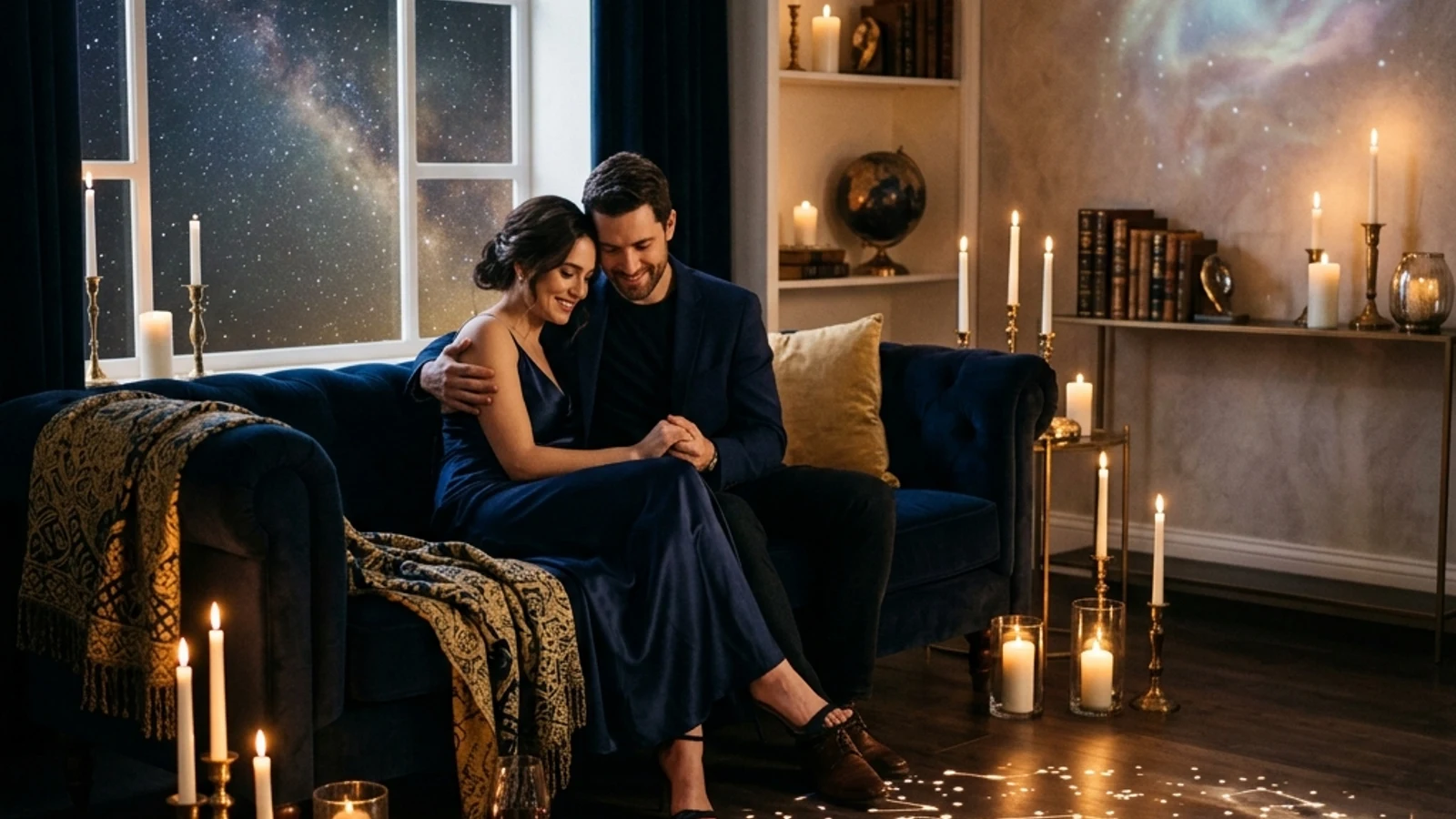 Premium romantic cosmic editorial scene with soft starlight and flowing celestial patterns, conveying soulmate-focused introspection.
