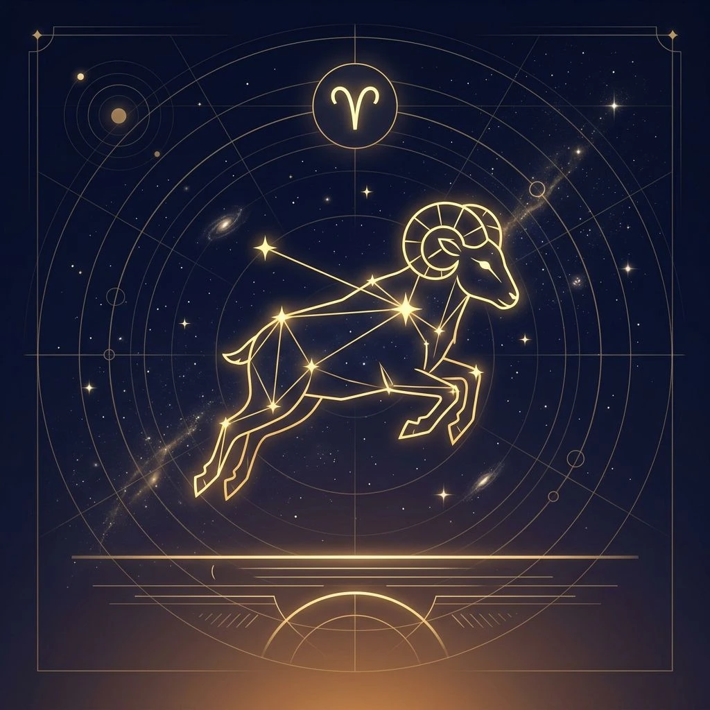 Aries daily horoscope illustration in astro-minimal style with constellation accents