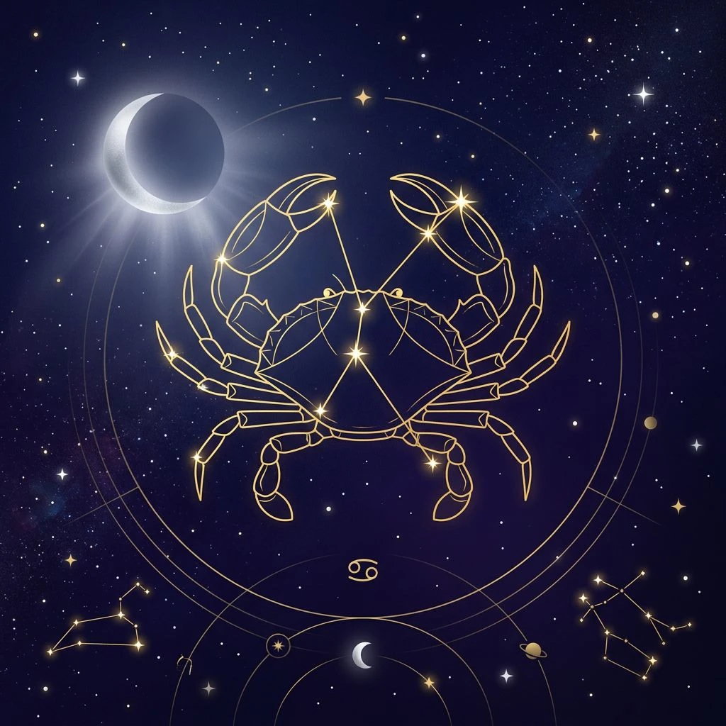 Cancer daily horoscope illustration in astro-minimal style with constellation accents