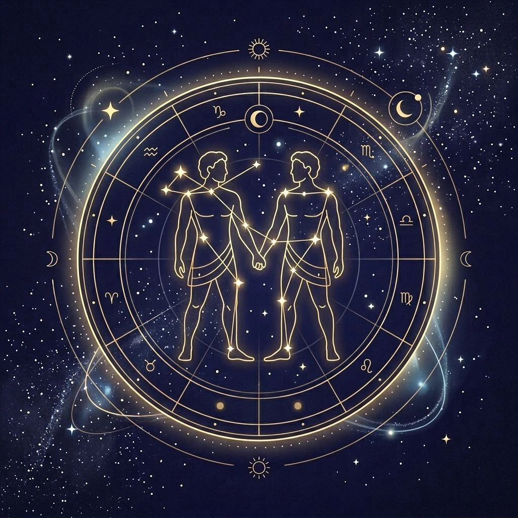 Gemini daily horoscope illustration in astro-minimal style with constellation accents