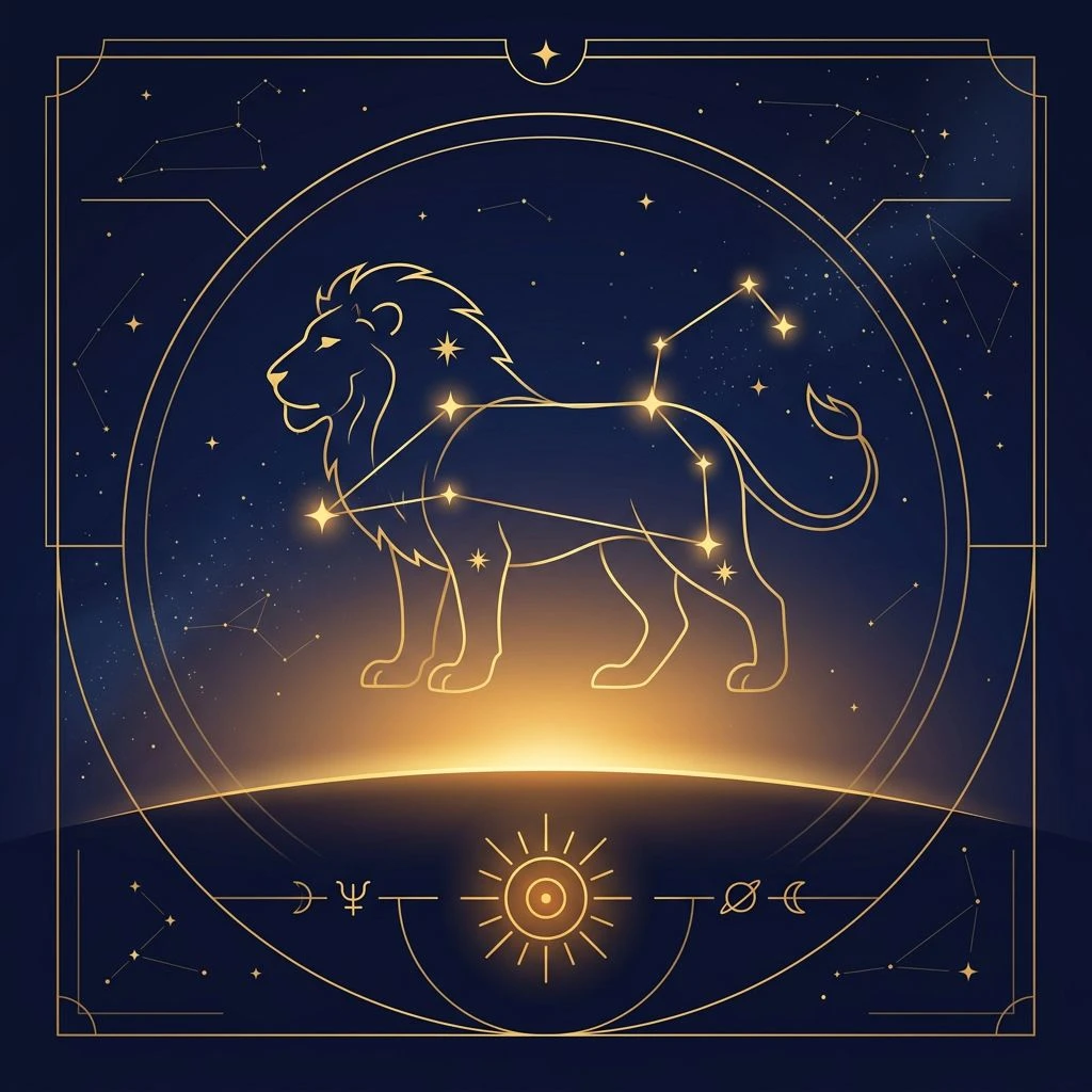 Leo daily horoscope illustration in astro-minimal style with constellation accents