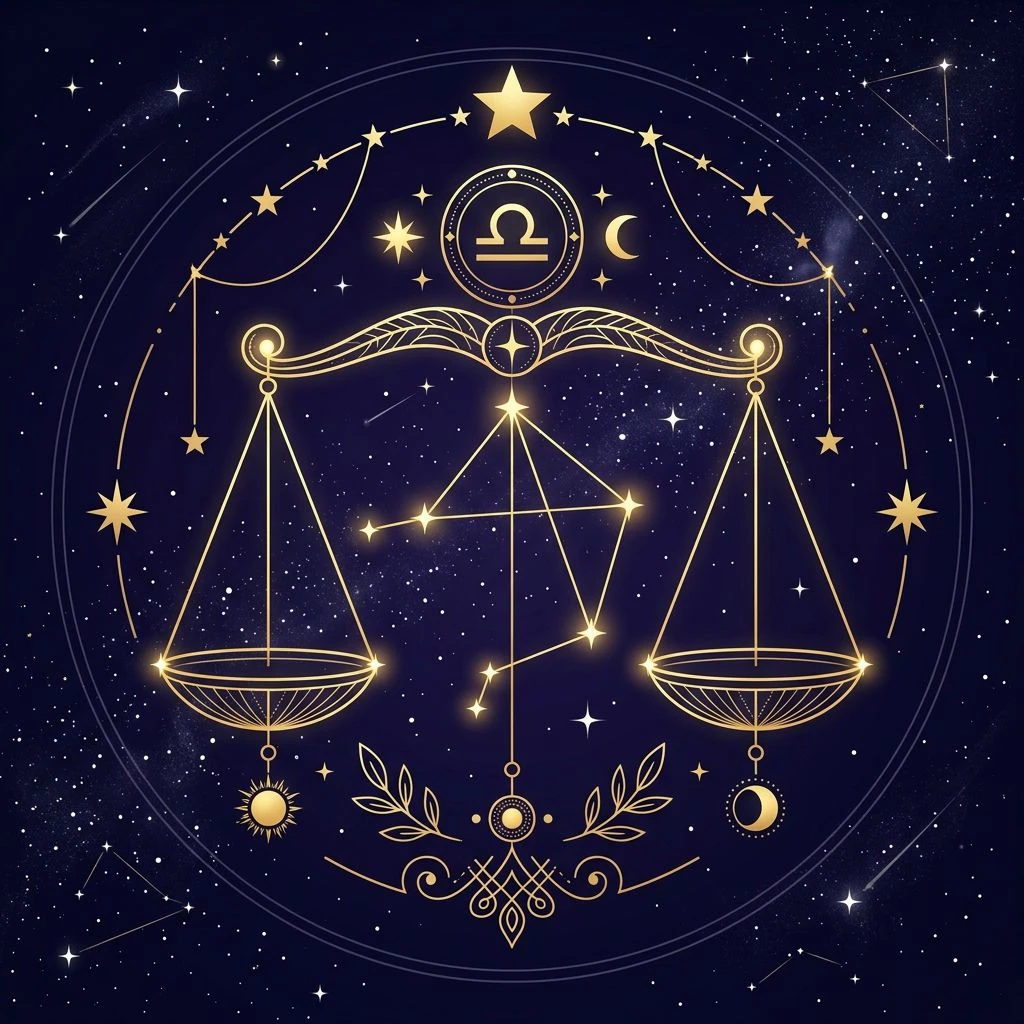 Libra daily horoscope illustration in astro-minimal style with constellation accents