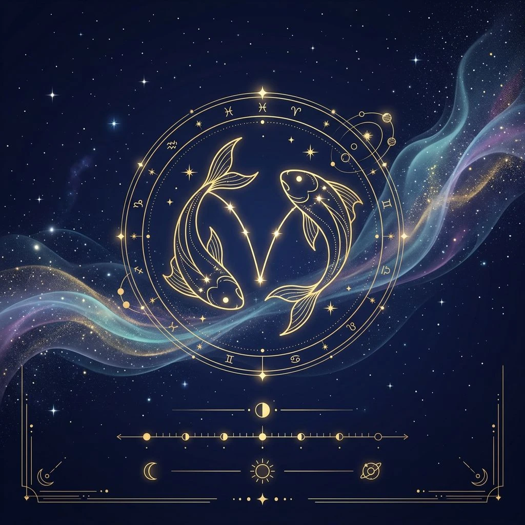 Pisces daily horoscope illustration in astro-minimal style with constellation accents