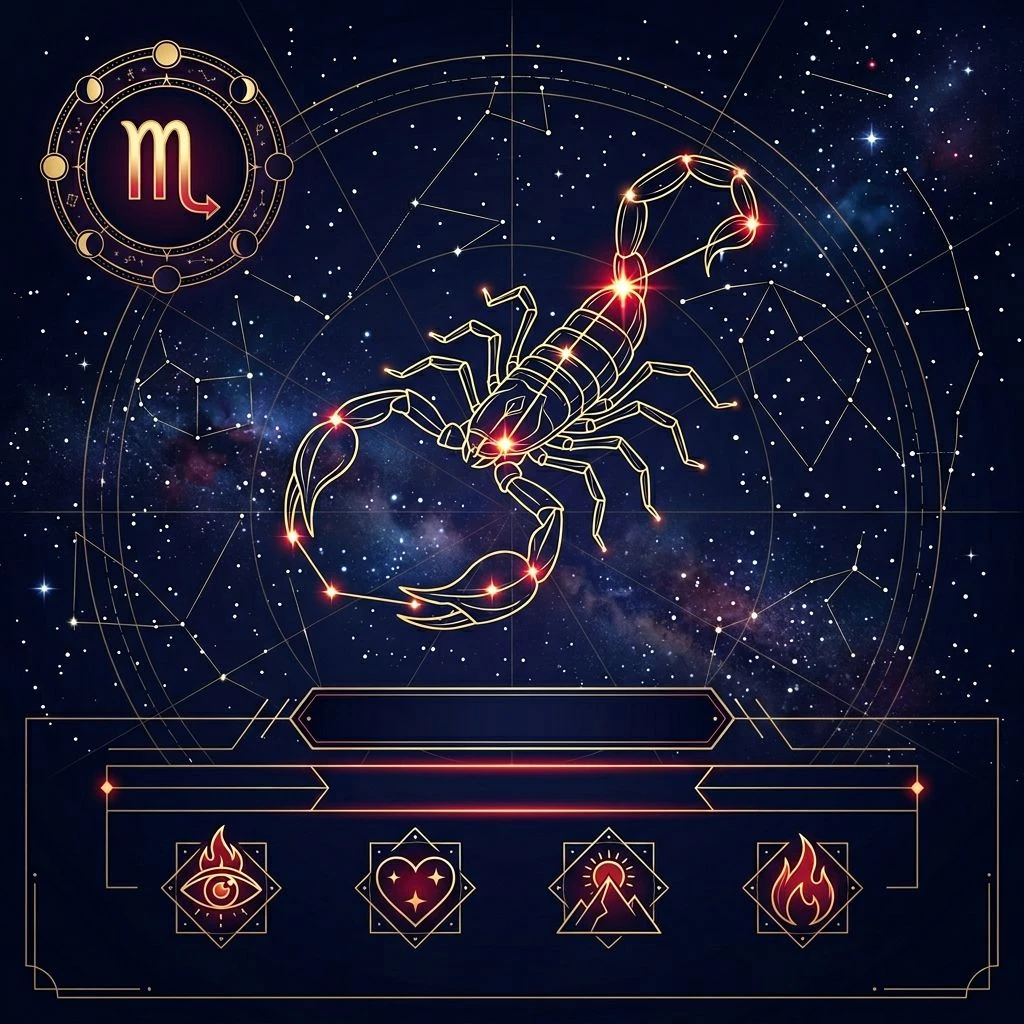 Scorpio daily horoscope illustration in astro-minimal style with constellation accents