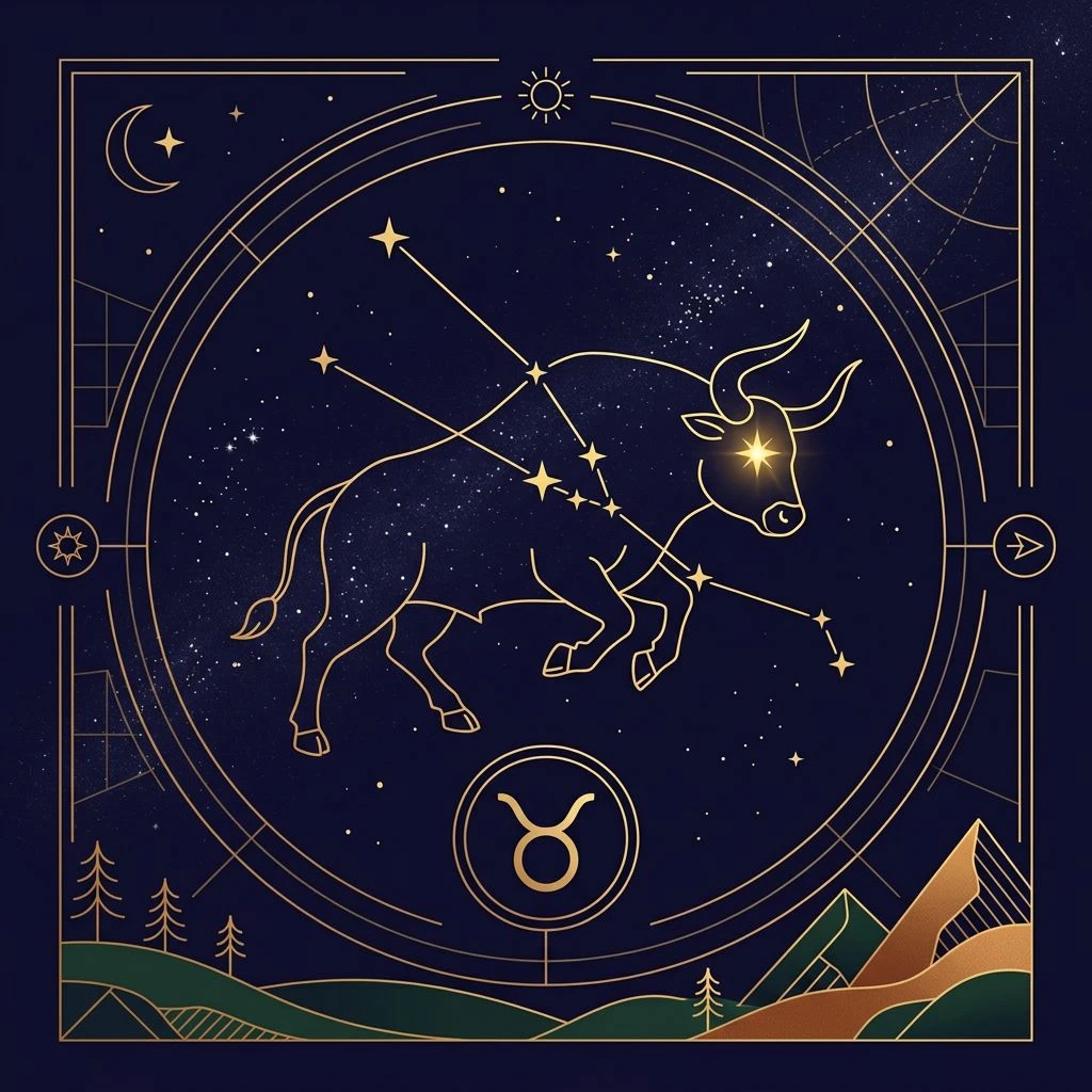 Taurus daily horoscope illustration in astro-minimal style with constellation accents