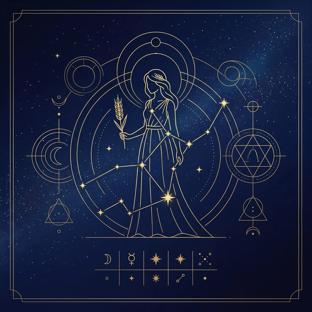 Virgo daily horoscope illustration in astro-minimal style with constellation accents